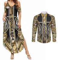 Aotearoa Waikato Tainui Couples Matching Summer Maxi Dress and Long Sleeve Button Shirt Maori Light Gold Tribal Paua Shell Pattern DT05 Yellow - Polynesian Pride