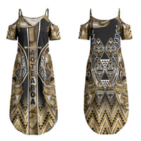Aotearoa Waikato Tainui Couples Matching Summer Maxi Dress and Long Sleeve Button Shirt Maori Light Gold Tribal Paua Shell Pattern DT05 - Polynesian Pride