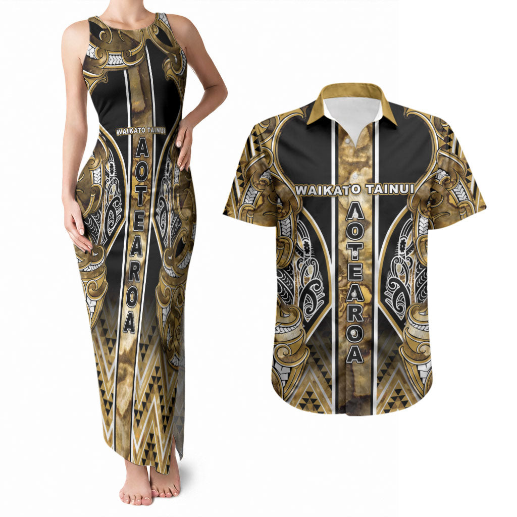 Aotearoa Waikato Tainui Couples Matching Tank Maxi Dress and Hawaiian Shirt Maori Light Gold Tribal Paua Shell Pattern DT05 Yellow - Polynesian Pride