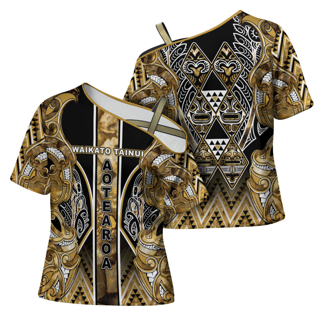 Aotearoa Waikato Tainui Cross Shoulder Shirt Maori Light Gold Tribal Paua Shell Pattern DT05 - Polynesian Pride