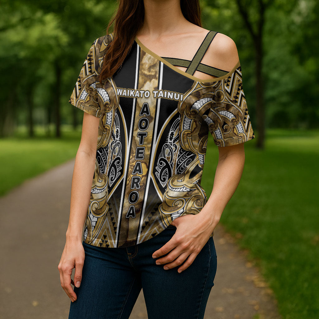 Aotearoa Waikato Tainui Cross Shoulder Shirt Maori Light Gold Tribal Paua Shell Pattern DT05 - Polynesian Pride