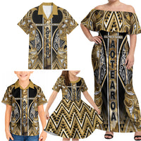 Aotearoa Waikato Tainui Family Matching Off Shoulder Maxi Dress and Hawaiian Shirt Maori Light Gold Tribal Paua Shell Pattern DT05 - Polynesian Pride