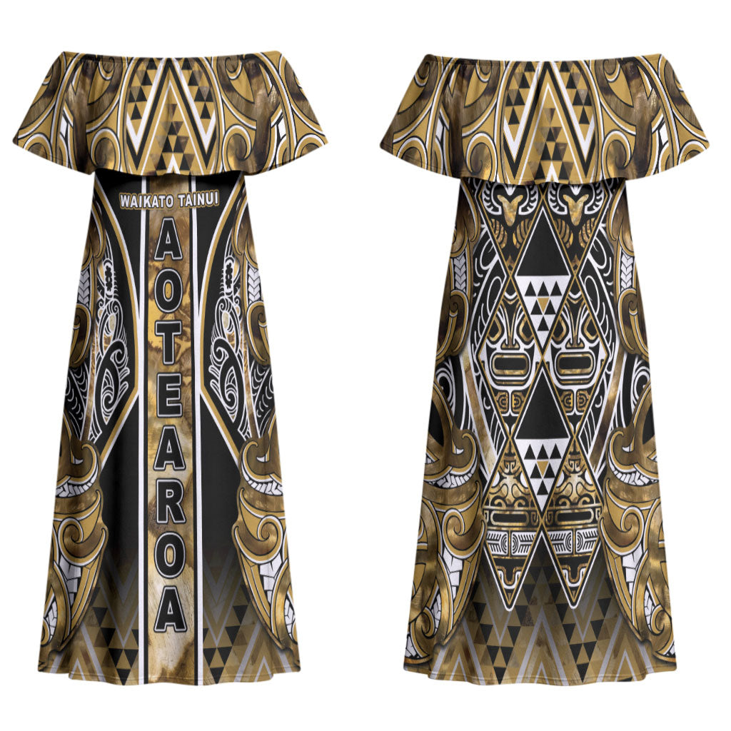 Aotearoa Waikato Tainui Family Matching Off Shoulder Maxi Dress and Hawaiian Shirt Maori Light Gold Tribal Paua Shell Pattern DT05 Mom's Dress Yellow - Polynesian Pride