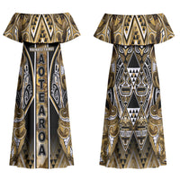 Aotearoa Waikato Tainui Family Matching Off Shoulder Maxi Dress and Hawaiian Shirt Maori Light Gold Tribal Paua Shell Pattern DT05 Mom's Dress Yellow - Polynesian Pride