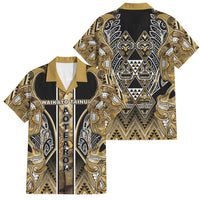 Aotearoa Waikato Tainui Family Matching Off Shoulder Maxi Dress and Hawaiian Shirt Maori Light Gold Tribal Paua Shell Pattern DT05 Dad's Shirt - Short Sleeve Yellow - Polynesian Pride