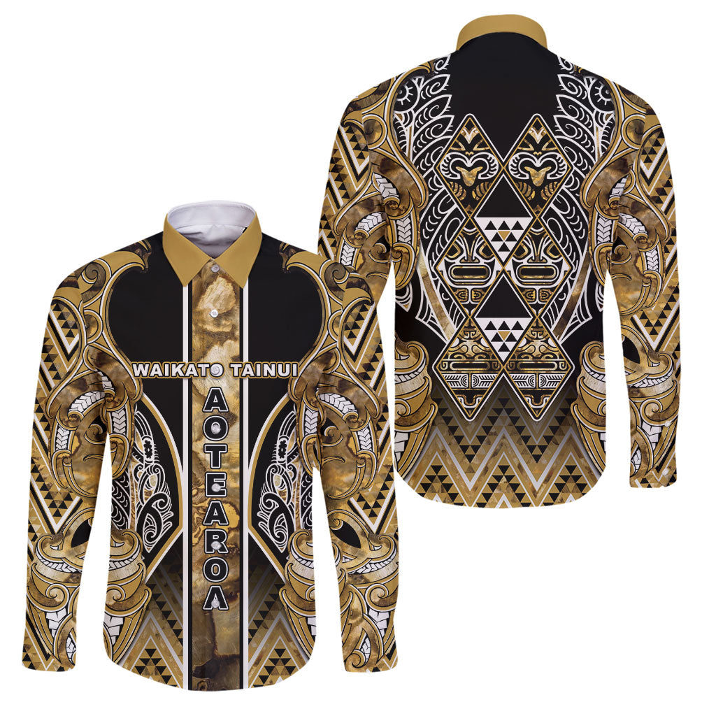 Aotearoa Waikato Tainui Family Matching Off Shoulder Maxi Dress and Hawaiian Shirt Maori Light Gold Tribal Paua Shell Pattern DT05 Dad's Shirt - Long Sleeve Yellow - Polynesian Pride