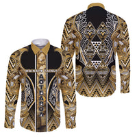 Aotearoa Waikato Tainui Family Matching Off Shoulder Maxi Dress and Hawaiian Shirt Maori Light Gold Tribal Paua Shell Pattern DT05 Dad's Shirt - Long Sleeve Yellow - Polynesian Pride