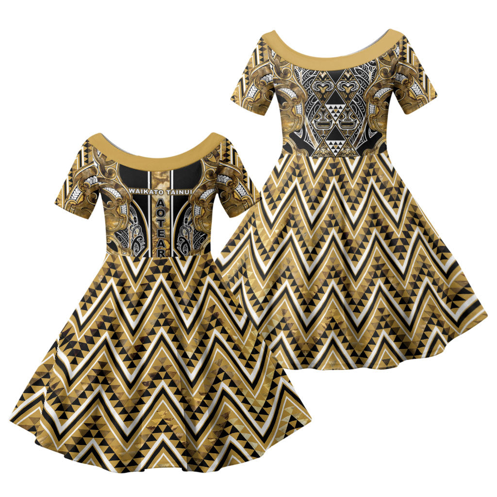 Aotearoa Waikato Tainui Family Matching Off Shoulder Maxi Dress and Hawaiian Shirt Maori Light Gold Tribal Paua Shell Pattern DT05 Daughter's Dress Yellow - Polynesian Pride