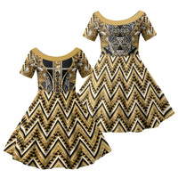 Aotearoa Waikato Tainui Family Matching Off Shoulder Maxi Dress and Hawaiian Shirt Maori Light Gold Tribal Paua Shell Pattern DT05 Daughter's Dress Yellow - Polynesian Pride