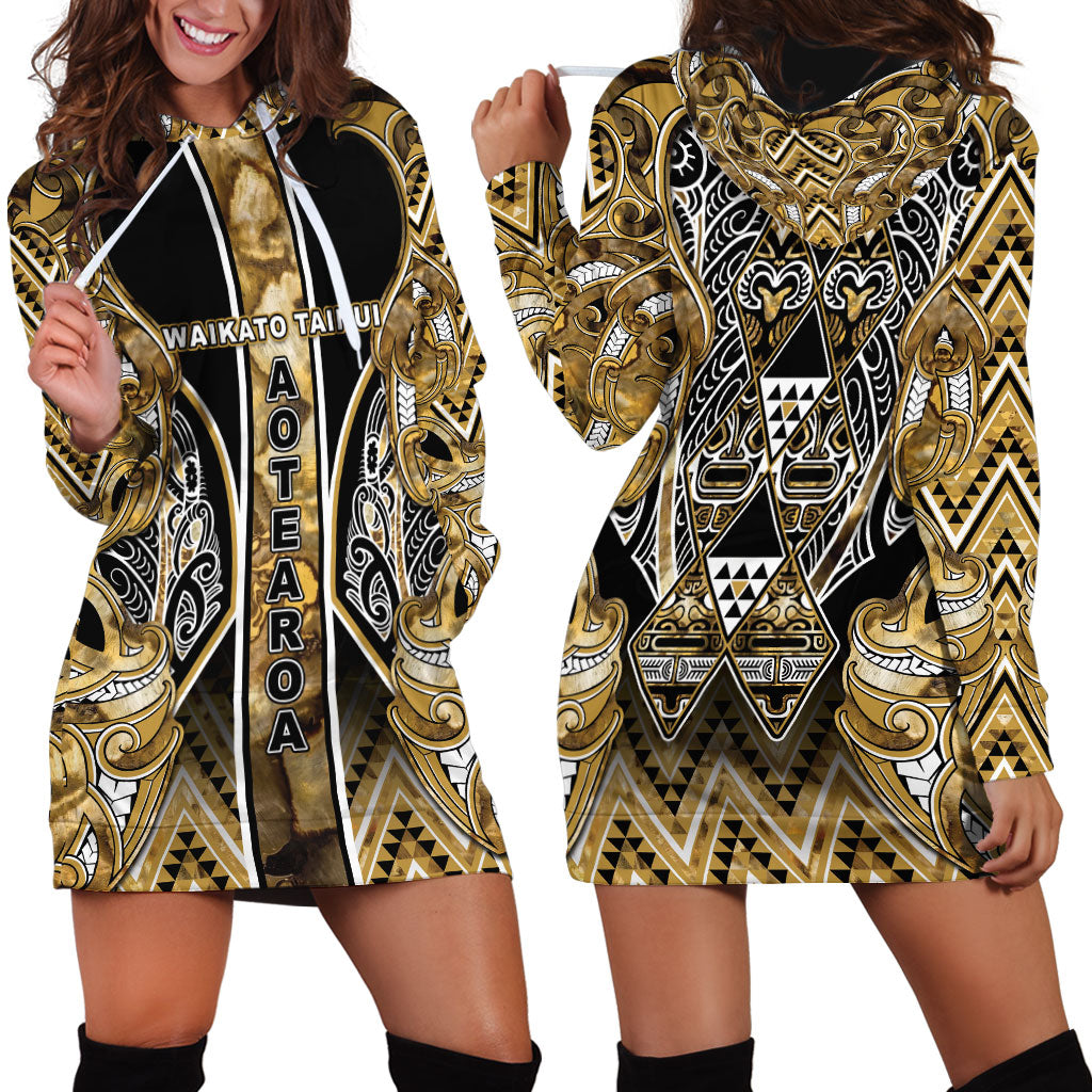 Aotearoa Waikato Tainui Hoodie Dress Maori Light Gold Tribal Paua Shell Pattern DT05 - Polynesian Pride