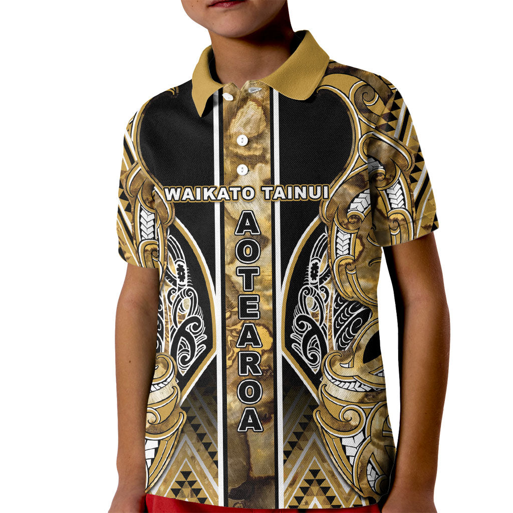 Aotearoa Waikato Tainui Kid Polo Shirt Maori Light Gold Tribal Paua Shell Pattern DT05 Kid Yellow - Polynesian Pride