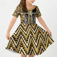 Aotearoa Waikato Tainui Kid Short Sleeve Dress Maori Light Gold Tribal Paua Shell Pattern DT05 KID Yellow - Polynesian Pride