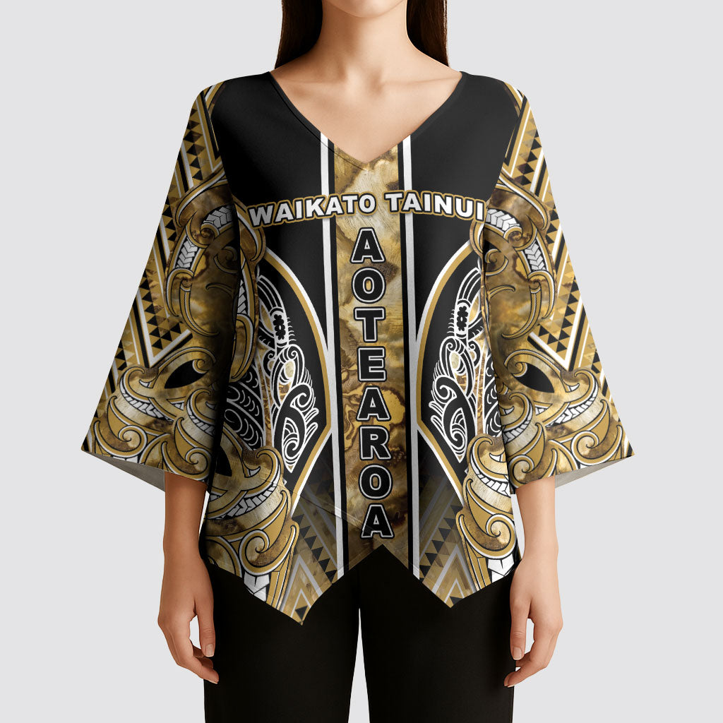 Aotearoa Waikato Tainui Kimono Sleeve Blouse Maori Light Gold Tribal Paua Shell Pattern DT05 - Polynesian Pride