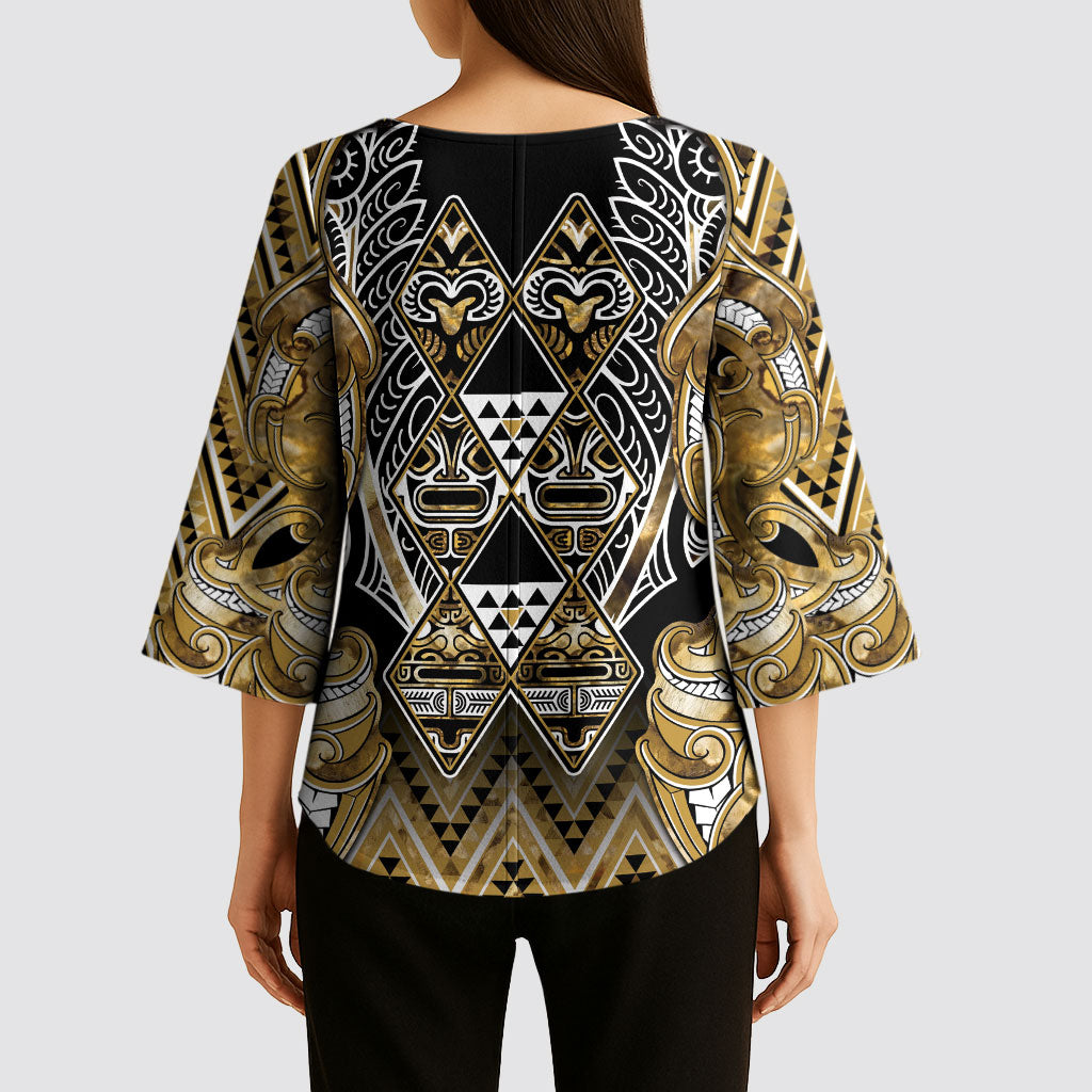 Aotearoa Waikato Tainui Kimono Sleeve Blouse Maori Light Gold Tribal Paua Shell Pattern DT05 - Polynesian Pride