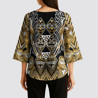 Aotearoa Waikato Tainui Kimono Sleeve Blouse Maori Light Gold Tribal Paua Shell Pattern DT05 - Polynesian Pride