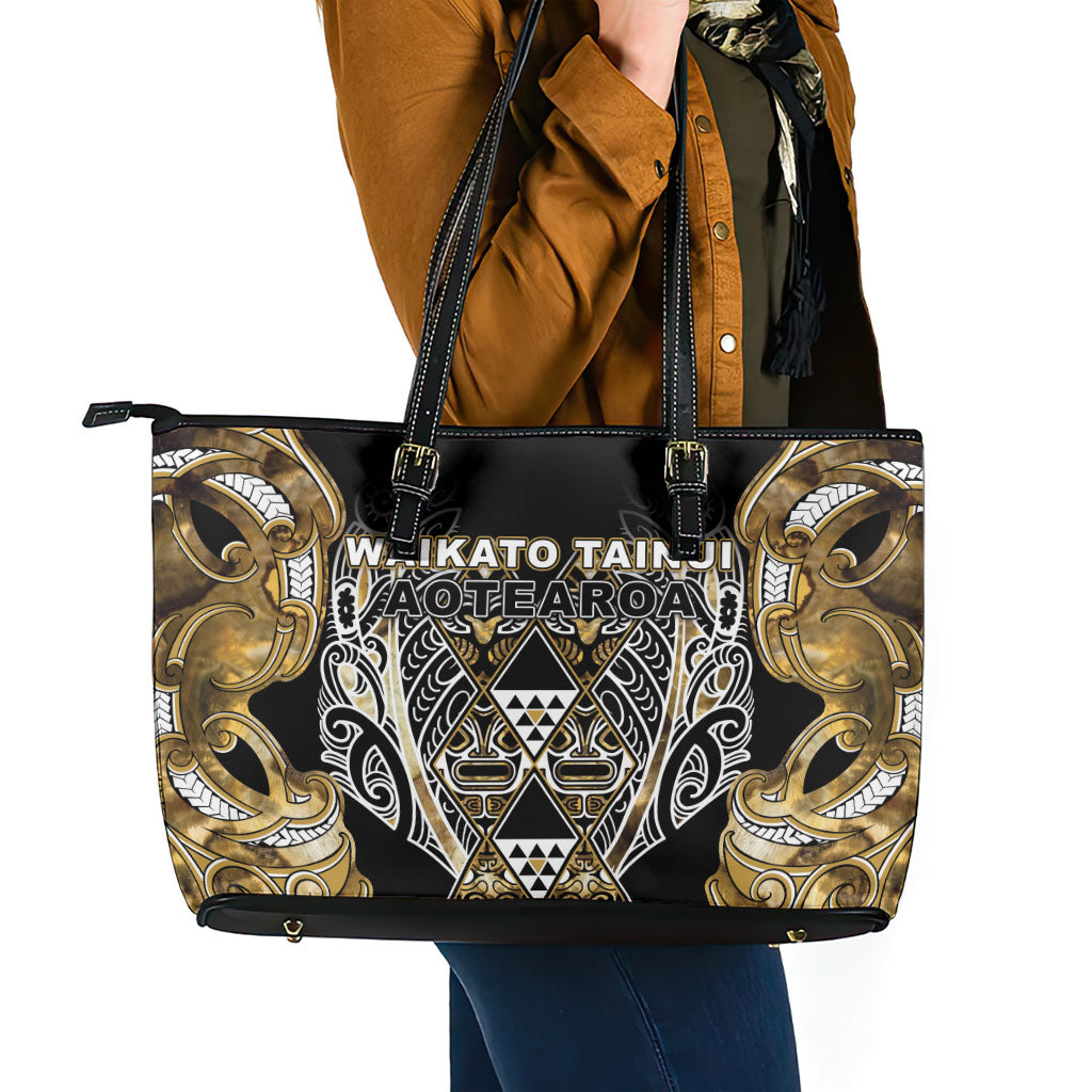 Aotearoa Waikato Tainui Leather Tote Bag Maori Light Gold Tribal Paua Shell Pattern DT05 - Polynesian Pride