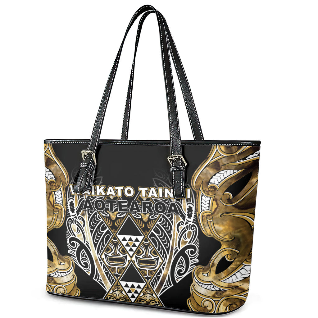 Aotearoa Waikato Tainui Leather Tote Bag Maori Light Gold Tribal Paua Shell Pattern DT05 - Polynesian Pride