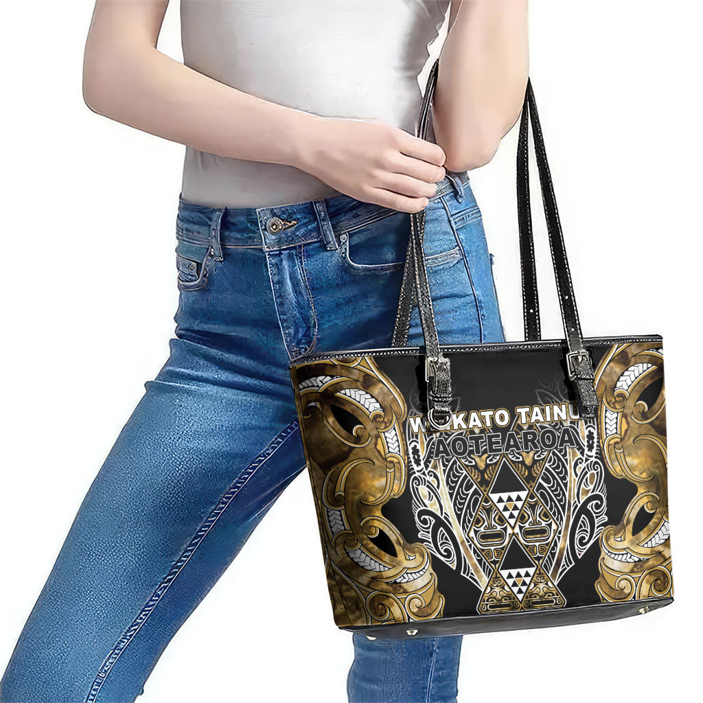 Aotearoa Waikato Tainui Leather Tote Bag Maori Light Gold Tribal Paua Shell Pattern DT05 - Polynesian Pride