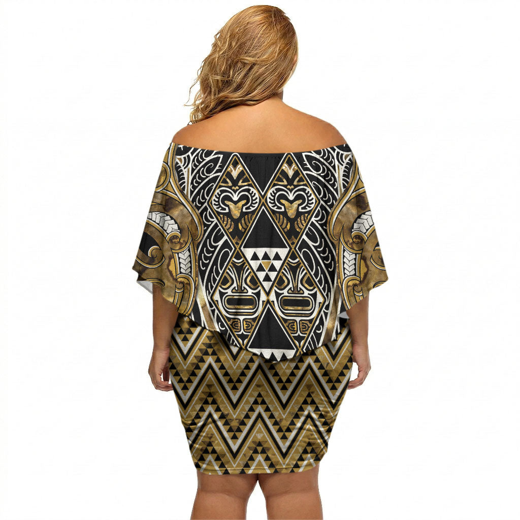 Aotearoa Waikato Tainui Off Shoulder Short Dress Maori Light Gold Tribal Paua Shell Pattern DT05 - Polynesian Pride