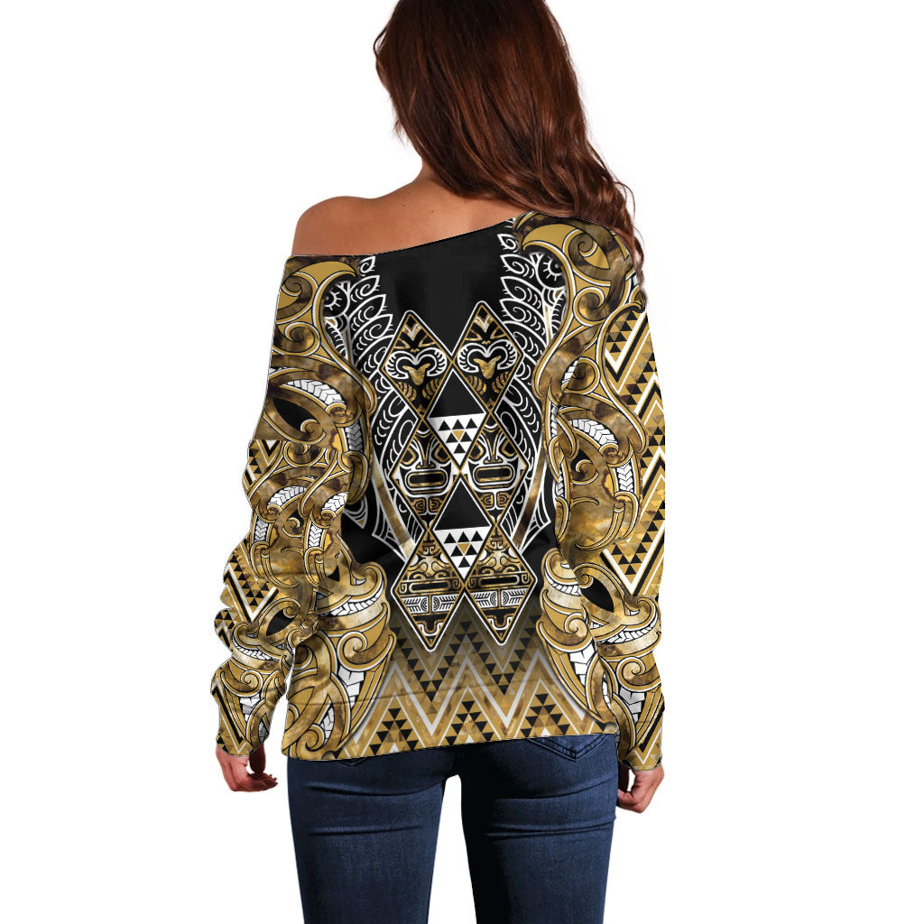 Aotearoa Waikato Tainui Off Shoulder Sweater Maori Light Gold Tribal Paua Shell Pattern DT05 - Polynesian Pride