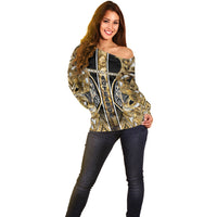 Aotearoa Waikato Tainui Off Shoulder Sweater Maori Light Gold Tribal Paua Shell Pattern DT05 - Polynesian Pride