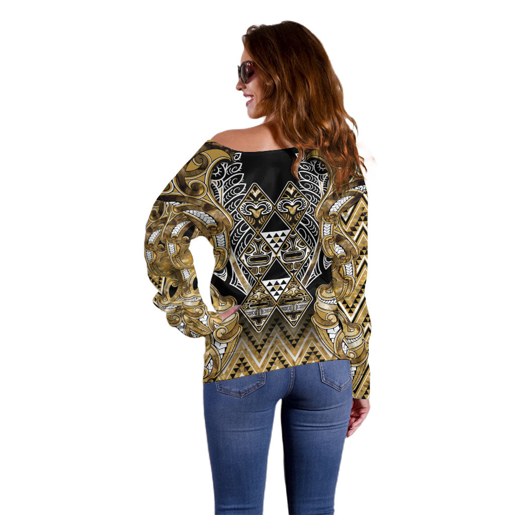 Aotearoa Waikato Tainui Off Shoulder Sweater Maori Light Gold Tribal Paua Shell Pattern DT05 - Polynesian Pride