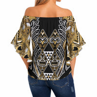 Aotearoa Waikato Tainui Off Shoulder Wrap Waist Top Maori Light Gold Tribal Paua Shell Pattern DT05 - Polynesian Pride