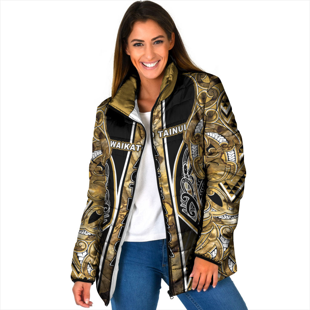 Aotearoa Waikato Tainui Padded Jacket Maori Light Gold Tribal Paua Shell Pattern DT05 Women Yellow - Polynesian Pride