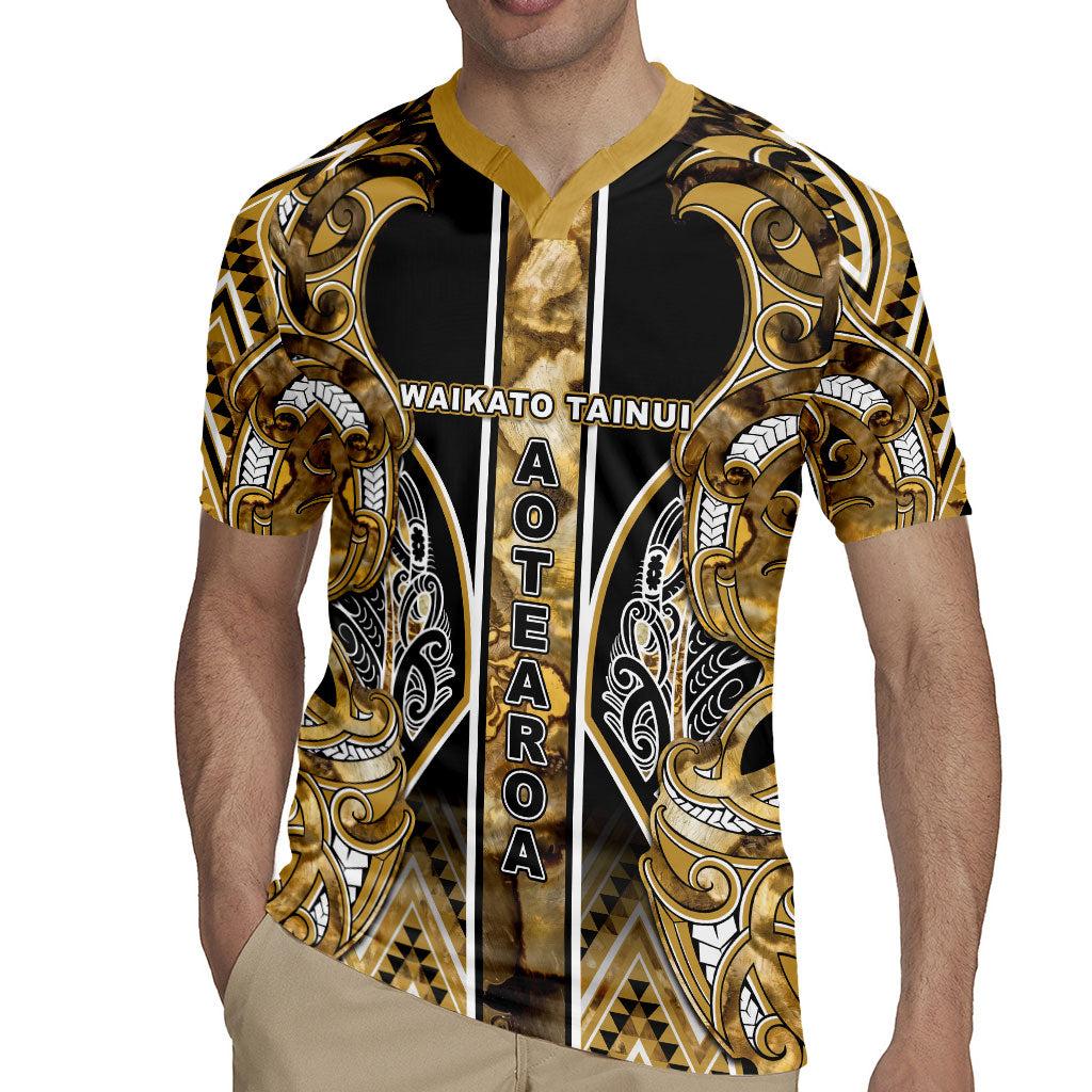 Aotearoa Waikato Tainui Rugby Jersey Maori Light Gold Tribal Paua Shell Pattern DT05 - Polynesian Pride