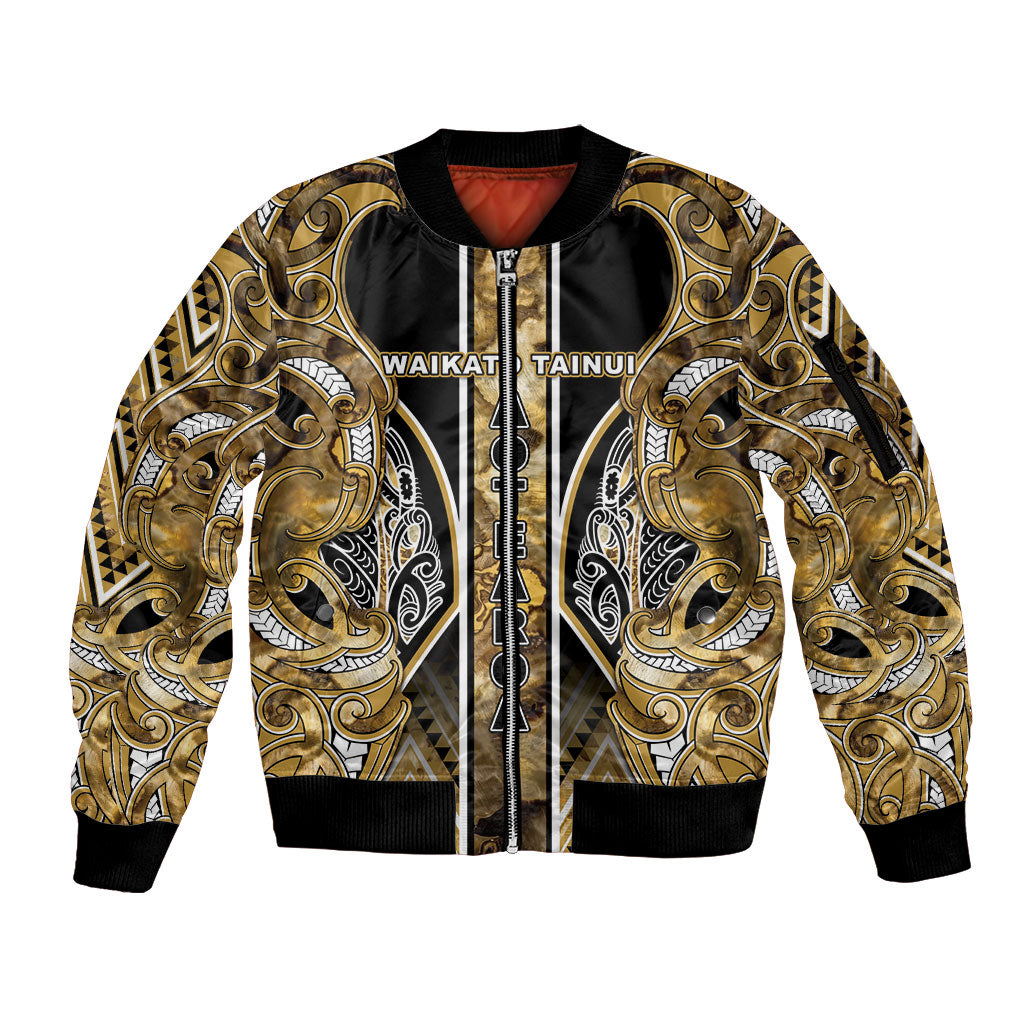 Aotearoa Waikato Tainui Sleeve Zip Bomber Jacket Maori Light Gold Tribal Paua Shell Pattern DT05 Unisex Yellow - Polynesian Pride