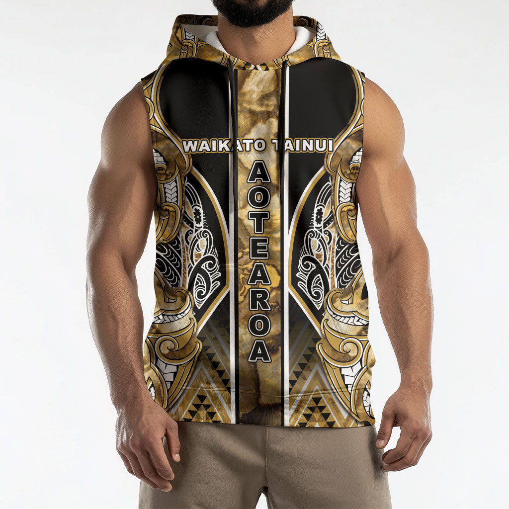 Aotearoa Waikato Tainui Sleeveless Hoodie Maori Light Gold Tribal Paua Shell Pattern DT05 - Polynesian Pride
