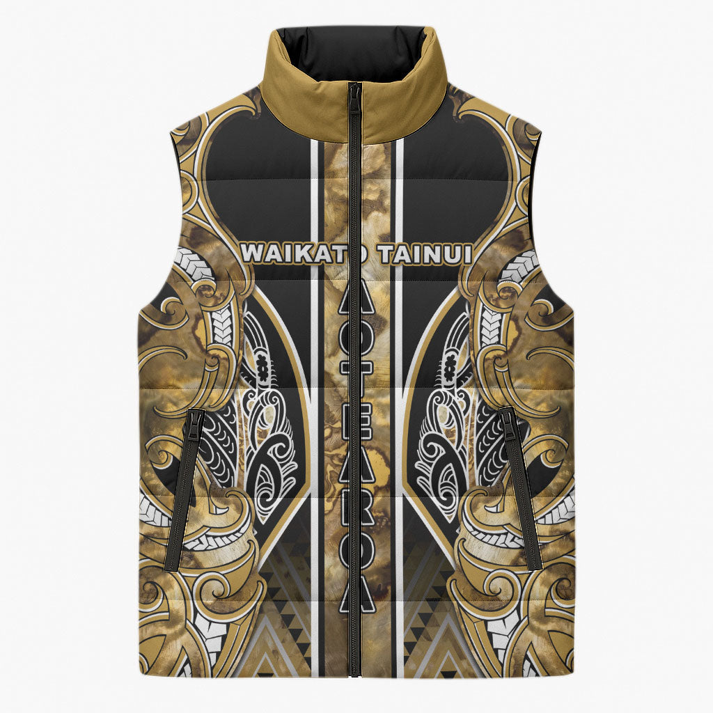 Aotearoa Waikato Tainui Sleeveless Puffer Jacket Maori Light Gold Tribal Paua Shell Pattern DT05 Unisex Yellow - Polynesian Pride