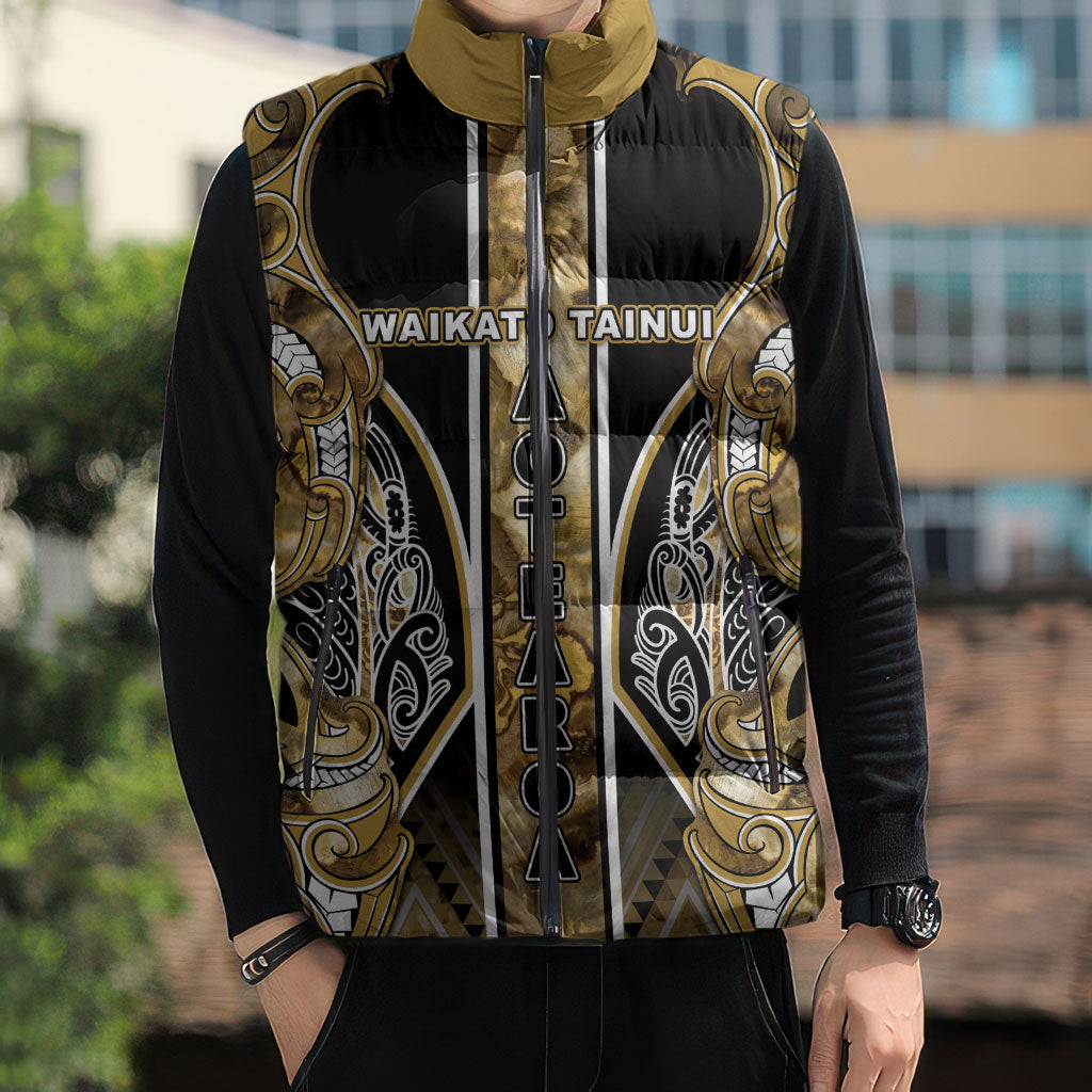 Aotearoa Waikato Tainui Sleeveless Puffer Jacket Maori Light Gold Tribal Paua Shell Pattern DT05 - Polynesian Pride