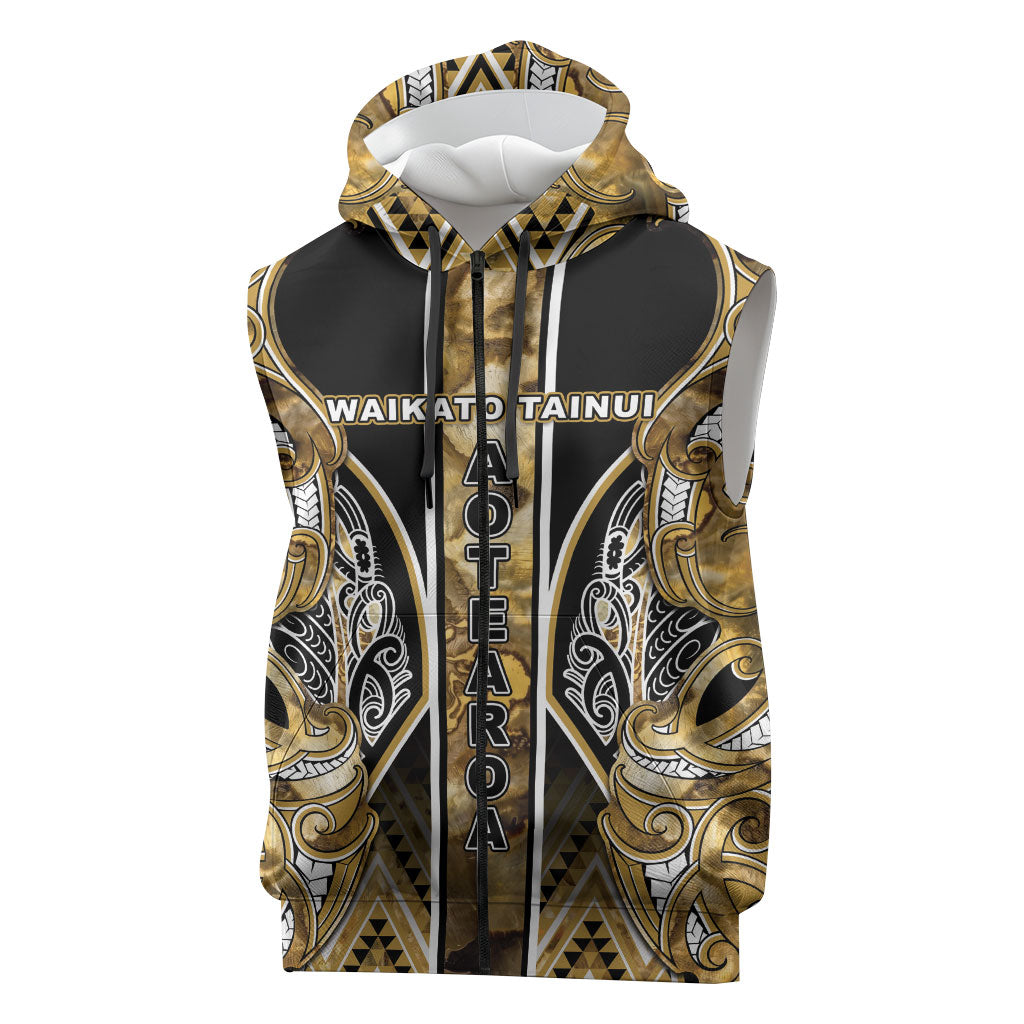 Aotearoa Waikato Tainui Sleeveless Zip Hoodie Maori Light Gold Tribal Paua Shell Pattern DT05 Yellow - Polynesian Pride