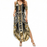 Aotearoa Waikato Tainui Summer Maxi Dress Maori Light Gold Tribal Paua Shell Pattern DT05 Women Yellow - Polynesian Pride