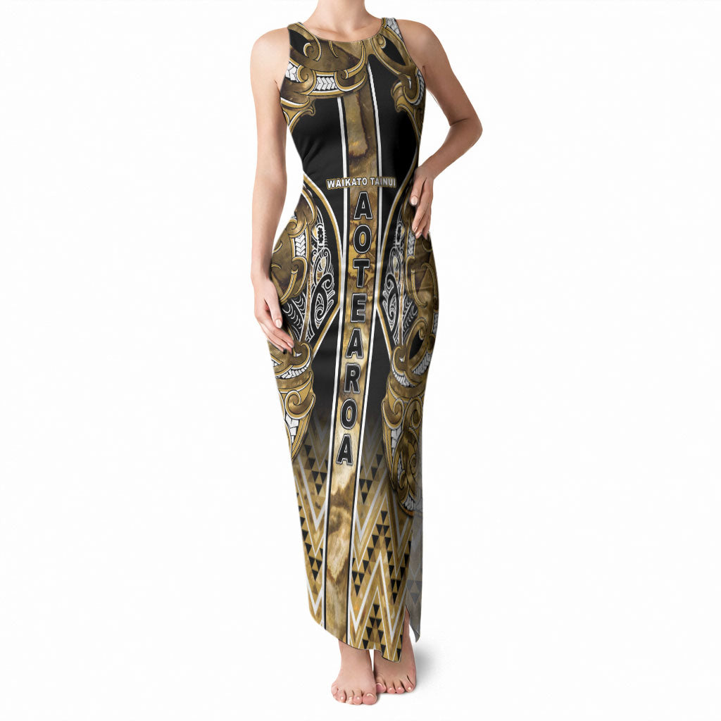Aotearoa Waikato Tainui Tank Maxi Dress Maori Light Gold Tribal Paua Shell Pattern DT05 Women Yellow - Polynesian Pride