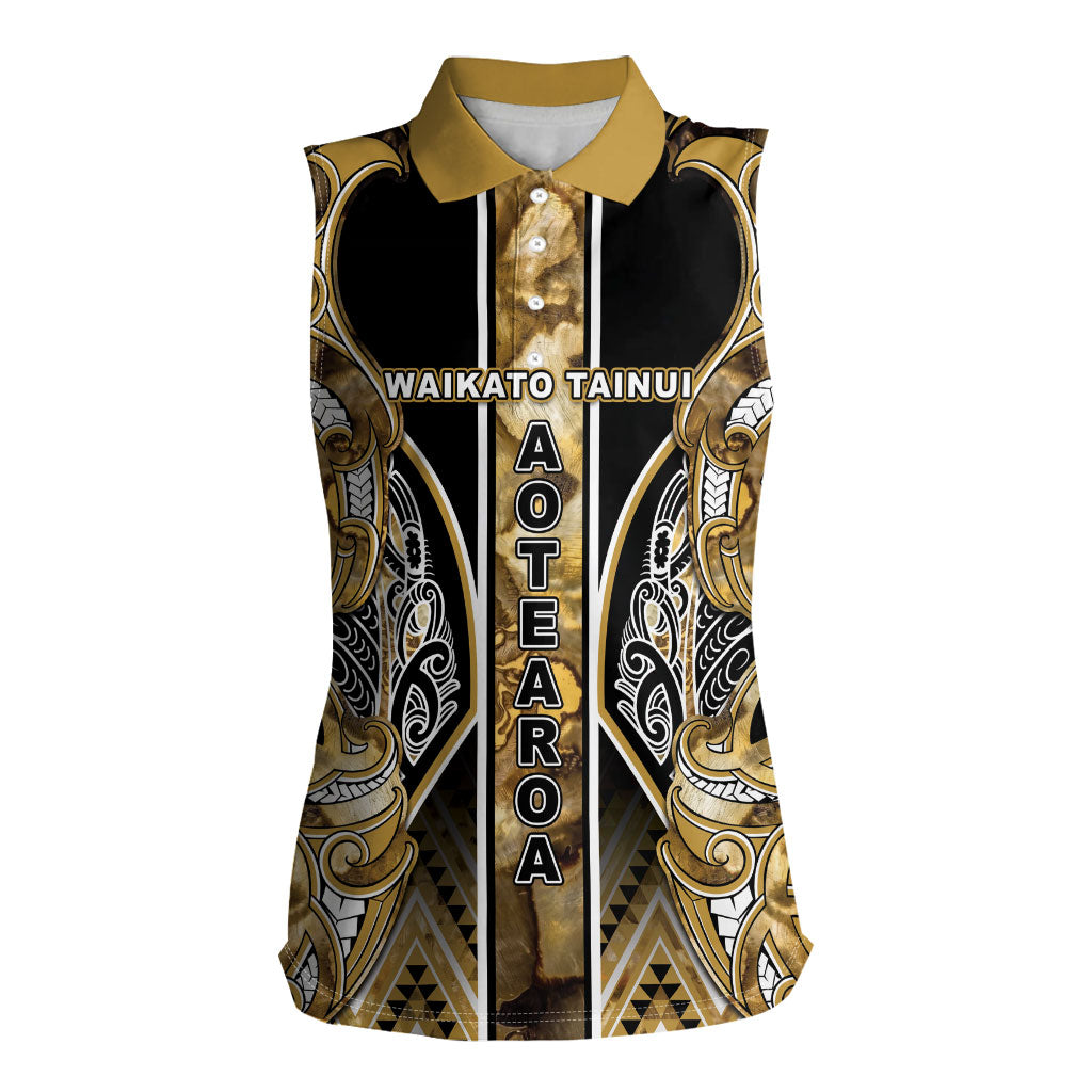 Aotearoa Waikato Tainui Women Sleeveless Polo Shirt Maori Light Gold Tribal Paua Shell Pattern DT05 Female Yellow - Polynesian Pride