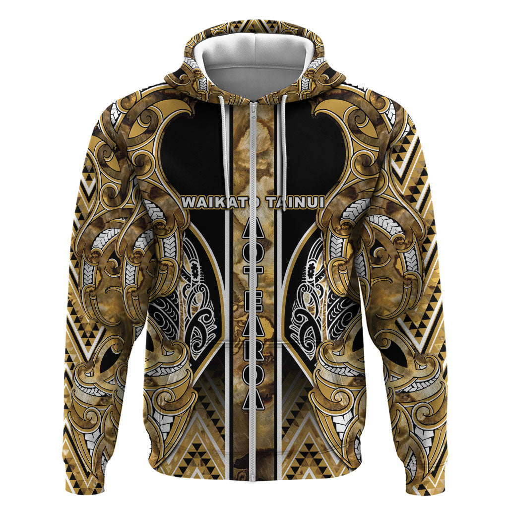 Aotearoa Waikato Tainui Zip Hoodie Maori Light Gold Tribal Paua Shell Pattern DT05 Zip Hoodie Yellow - Polynesian Pride