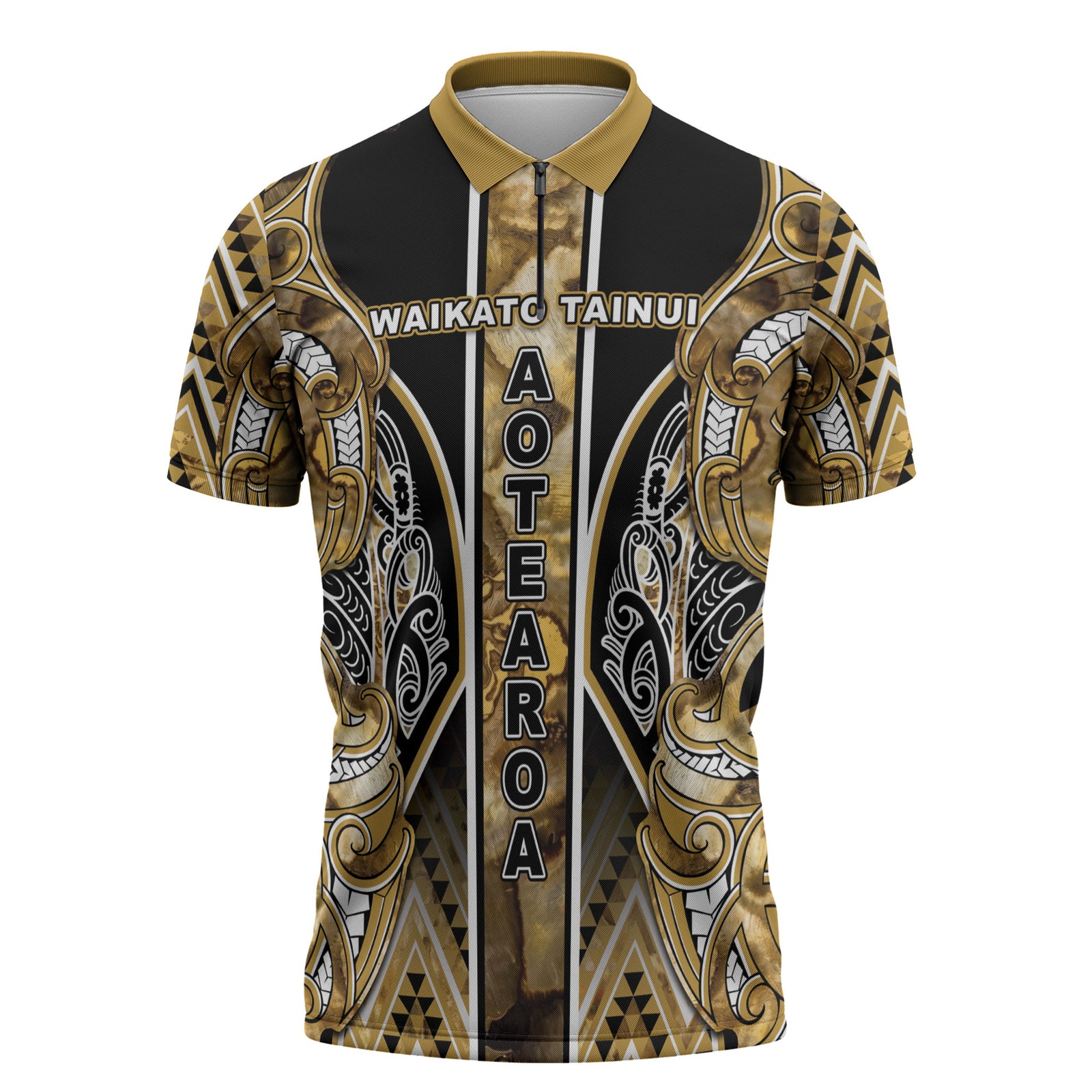 Aotearoa Waikato Tainui Zipper Polo Shirt Maori Light Gold Tribal Paua Shell Pattern DT05 Yellow - Polynesian Pride