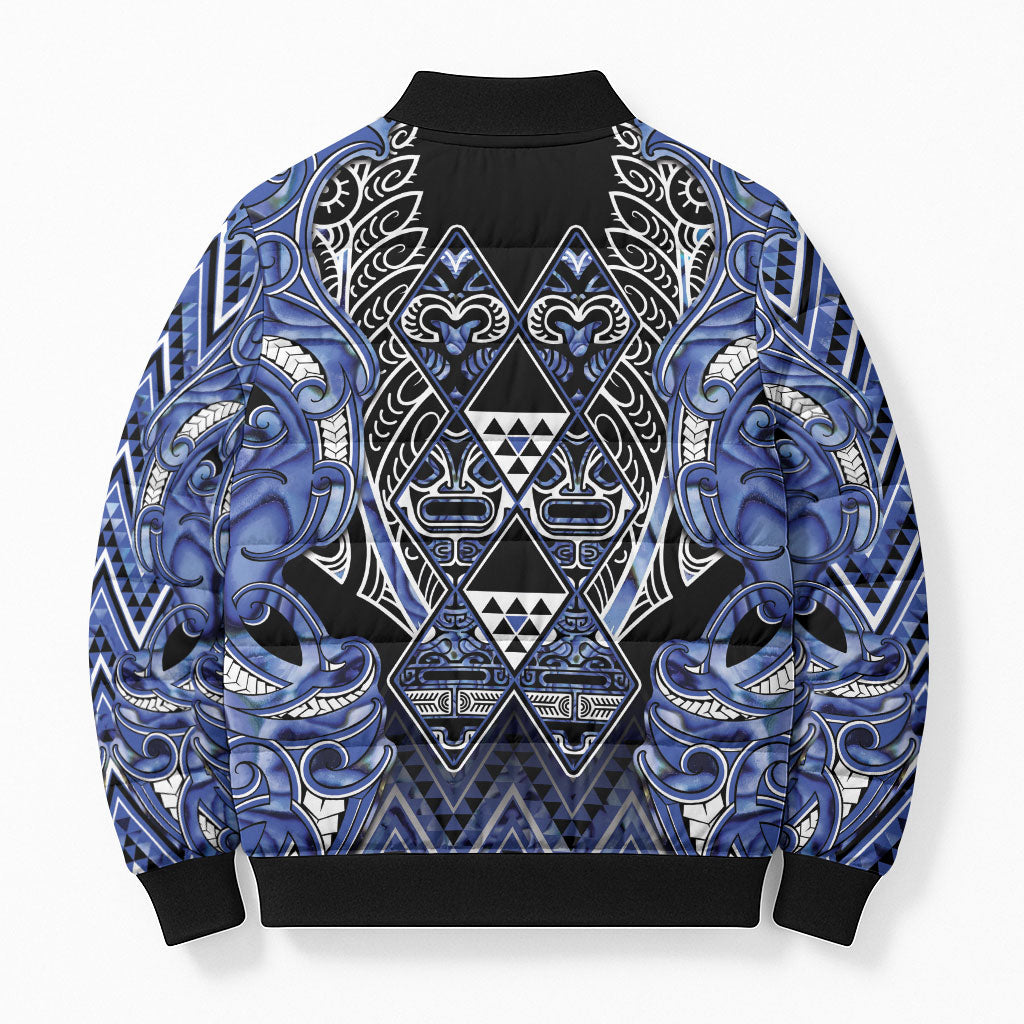 Aotearoa Ngati Kahungunu Bomber Puffer Jacket Maori Tribal Blue Paua Shell Pattern DT05 - Polynesian Pride