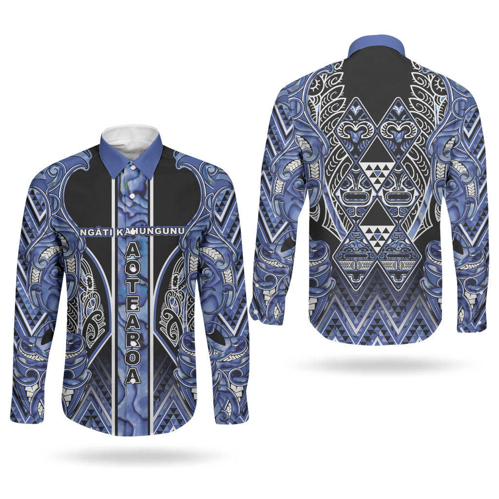 Aotearoa Ngati Kahungunu Couples Matching Mermaid Dress and Long Sleeve Button Shirt Maori Tribal Blue Paua Shell Pattern DT05 - Polynesian Pride