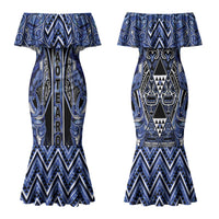 Aotearoa Ngati Kahungunu Couples Matching Mermaid Dress and Long Sleeve Button Shirt Maori Tribal Blue Paua Shell Pattern DT05 - Polynesian Pride