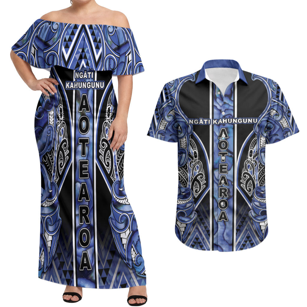 Aotearoa Ngati Kahungunu Couples Matching Off Shoulder Maxi Dress and Hawaiian Shirt Maori Tribal Blue Paua Shell Pattern DT05 Blue - Polynesian Pride