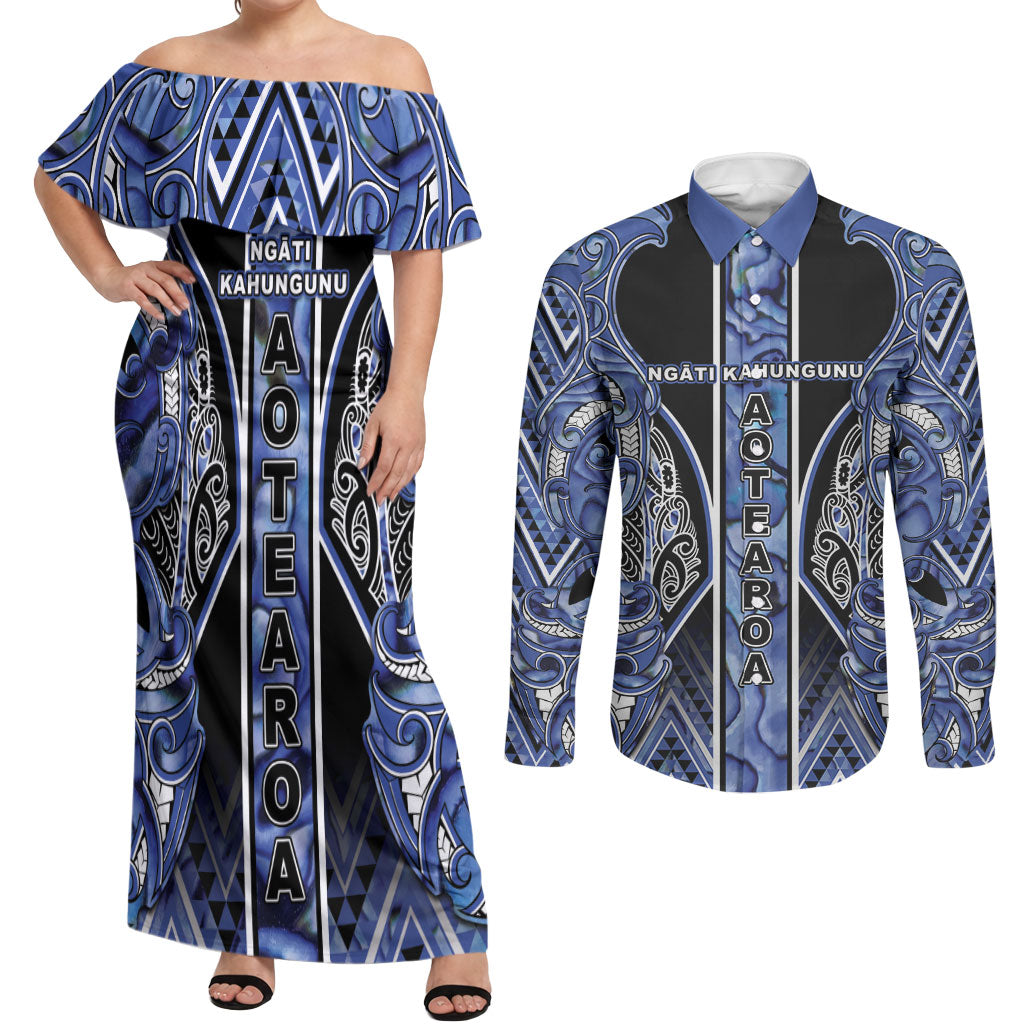 Aotearoa Ngati Kahungunu Couples Matching Off Shoulder Maxi Dress and Long Sleeve Button Shirt Maori Tribal Blue Paua Shell Pattern DT05 Blue - Polynesian Pride