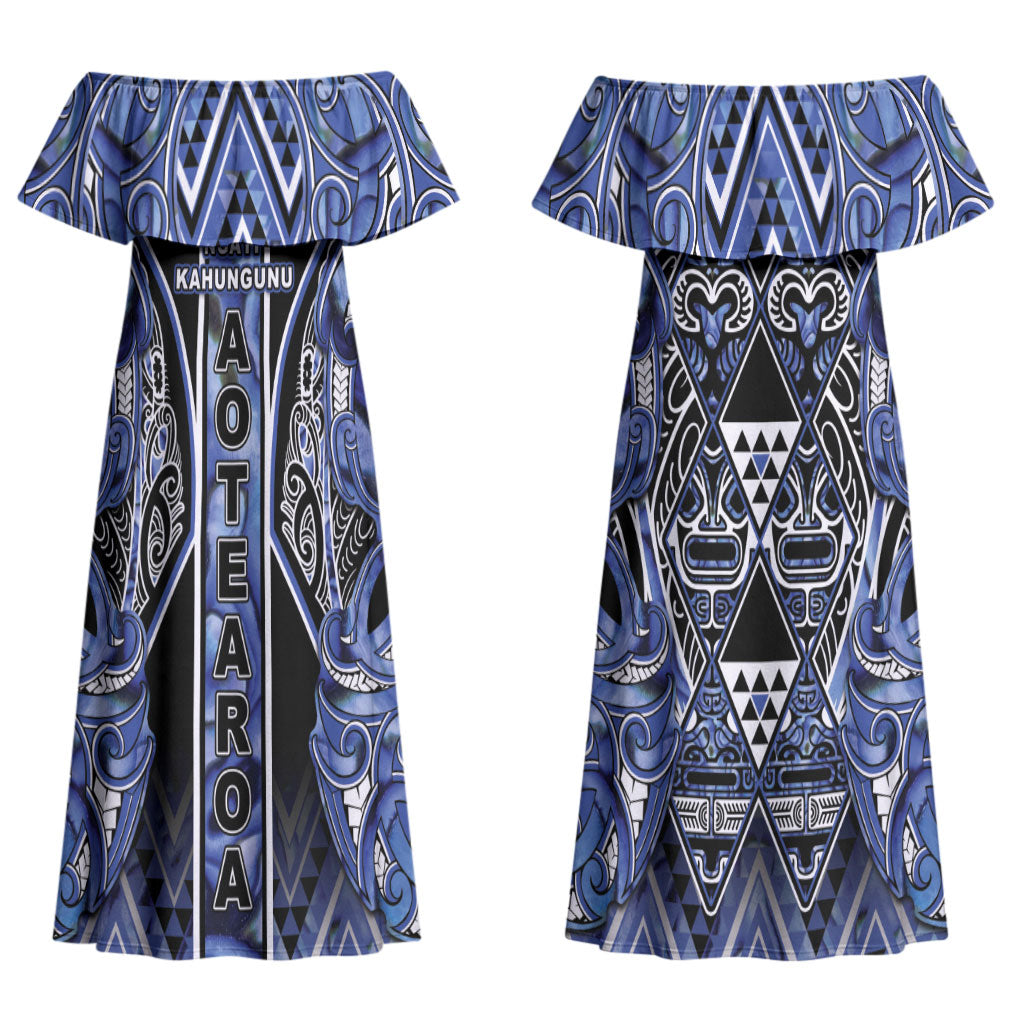 Aotearoa Ngati Kahungunu Couples Matching Off Shoulder Maxi Dress and Long Sleeve Button Shirt Maori Tribal Blue Paua Shell Pattern DT05 - Polynesian Pride