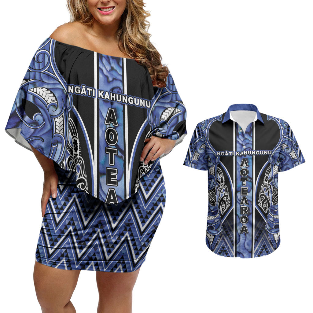 Aotearoa Ngati Kahungunu Couples Matching Off Shoulder Short Dress and Hawaiian Shirt Maori Tribal Blue Paua Shell Pattern DT05 Blue - Polynesian Pride