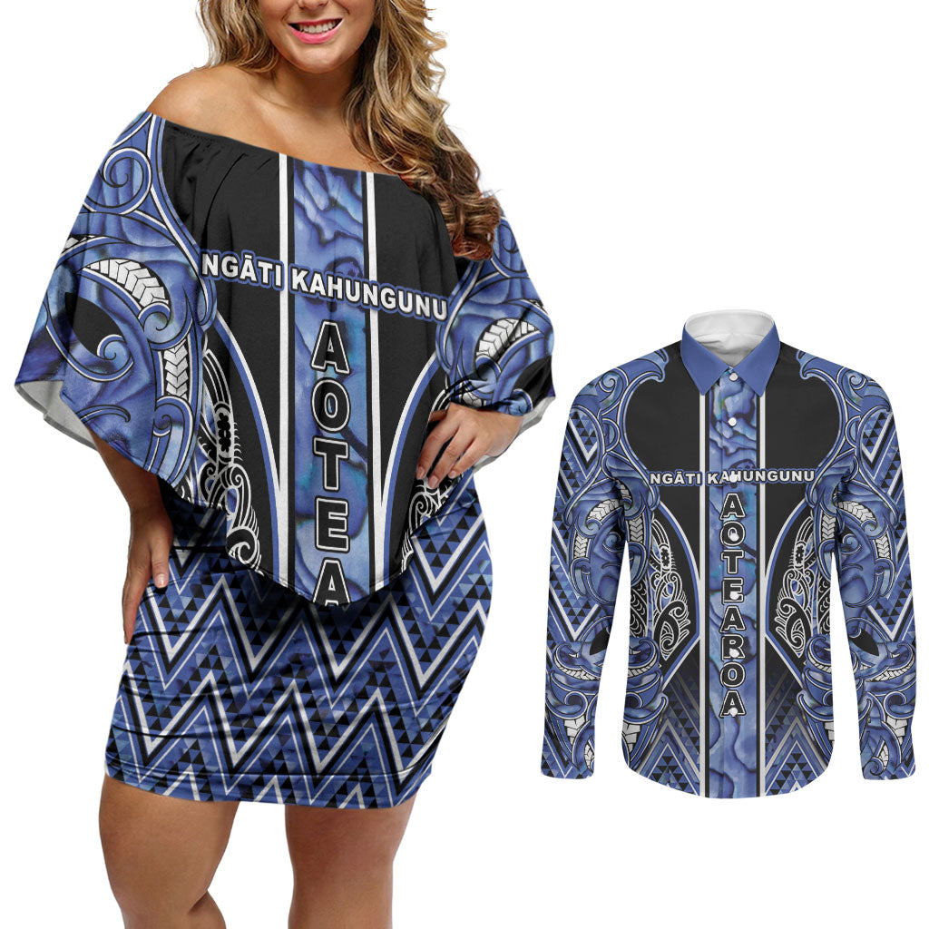 Aotearoa Ngati Kahungunu Couples Matching Off Shoulder Short Dress and Long Sleeve Button Shirt Maori Tribal Blue Paua Shell Pattern DT05 Blue - Polynesian Pride