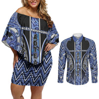 Aotearoa Ngati Kahungunu Couples Matching Off Shoulder Short Dress and Long Sleeve Button Shirt Maori Tribal Blue Paua Shell Pattern DT05 Blue - Polynesian Pride
