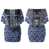 Aotearoa Ngati Kahungunu Couples Matching Off Shoulder Short Dress and Long Sleeve Button Shirt Maori Tribal Blue Paua Shell Pattern DT05 - Polynesian Pride