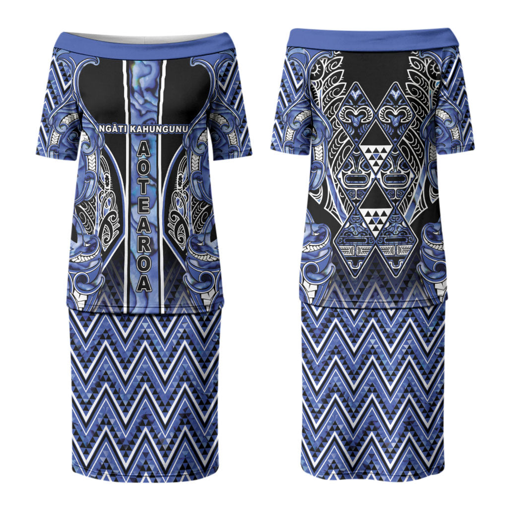 Aotearoa Ngati Kahungunu Couples Matching Puletasi and Hawaiian Shirt Maori Tribal Blue Paua Shell Pattern DT05 - Polynesian Pride